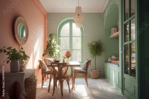 Modern cozy kitchen, classic interior design with light coral, green and white colors. Super photo realistic background, generative ai illustration © Anna
