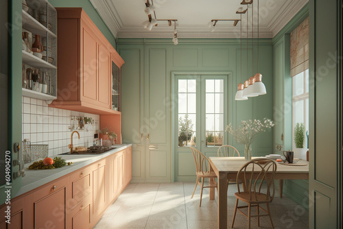 Modern cozy kitchen  classic interior design with light coral  green and white colors. Super photo realistic background  generative ai illustration