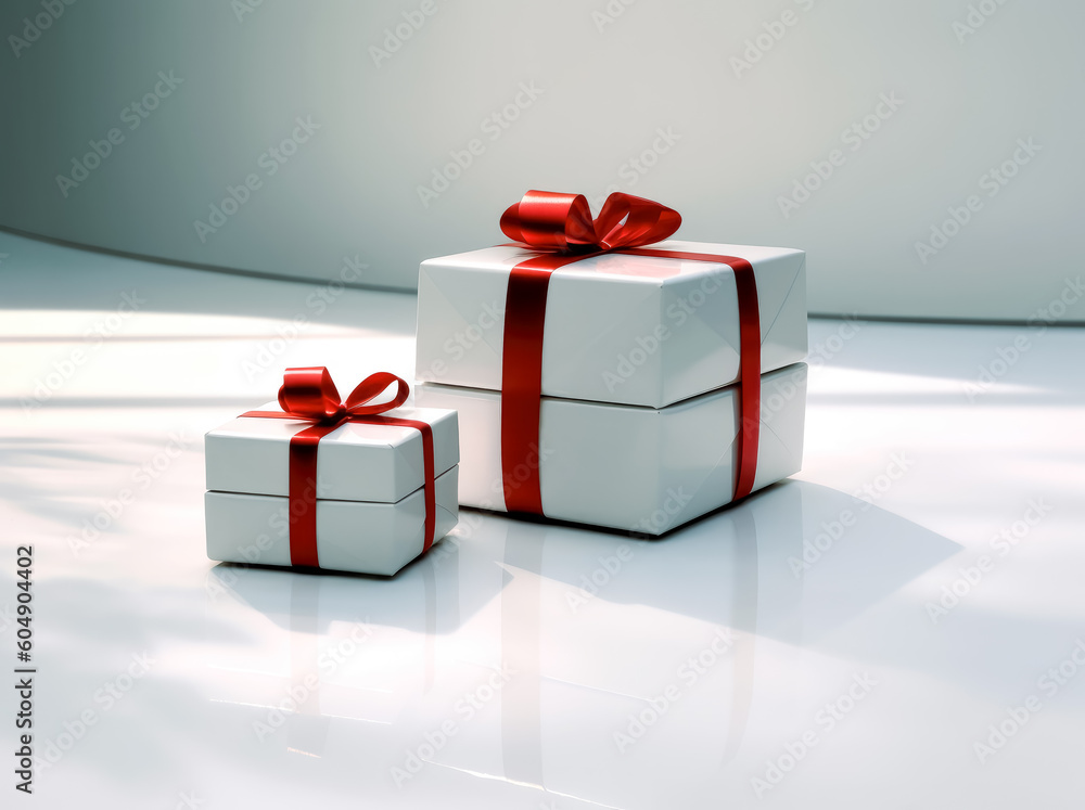White gift boxes with red ribbons on white background. Generative Ai Illustration.
White gift boxes with red ribbons on white background. Generative Ai Illustration.