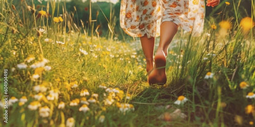 Woman walking barefoot outdoors in nature, grounding concept. photo