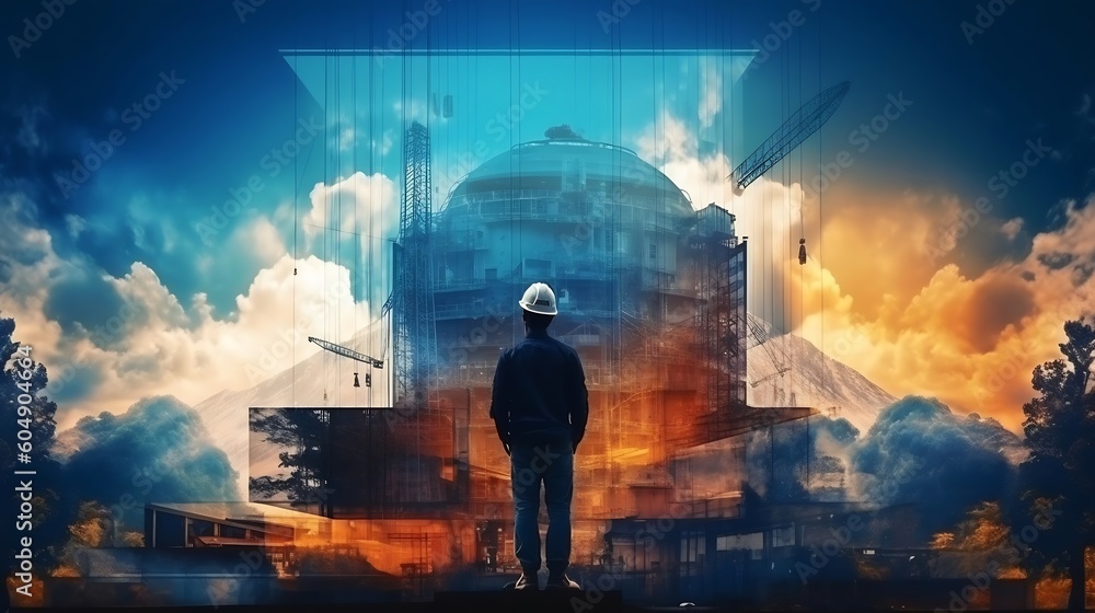 Fototapeta premium AI Generated: Future Building Construction Engineering Project Devotion with Double Exposure Graphic Design. Building Engineer and Architect Working with Modern Technology. Generative AI.