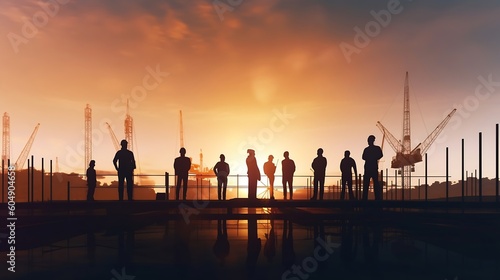 AI Generated: Professional Commercial Only Banner. Silhouette Teams of Business Engineers Seeking Blueprints in Blurry Construction Sites at Sunset. Generative AI.