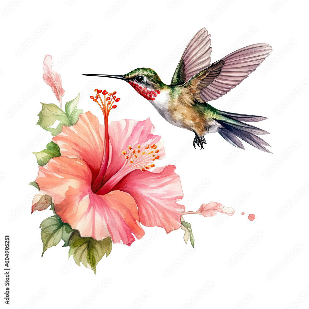 Obraz premium Watercolor Bird Hummingbird Flying Around the Fuchsia Flowers Summer Garden Illustration Set isolated on transparent background. Ai generative.