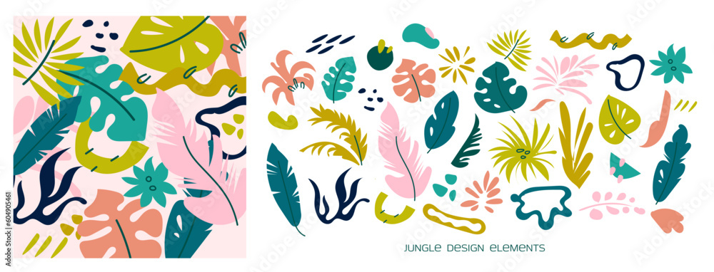 Abstract Jungle design elements. A variety of tropical leaves. Flat vector illustration. Template for the design of social networks or product design