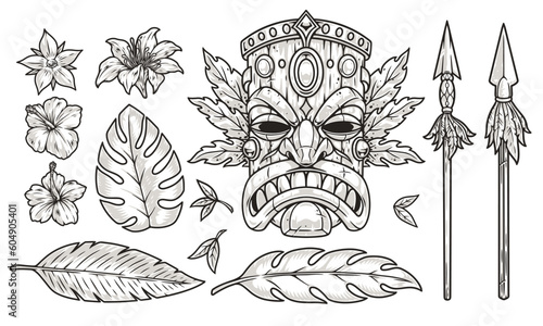 Tiki mask set sticker monochrome