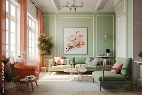 Modern cozy living room, classic interior design with light coral, green and white colors. Super photo realistic background, generative ai illustration © Anna