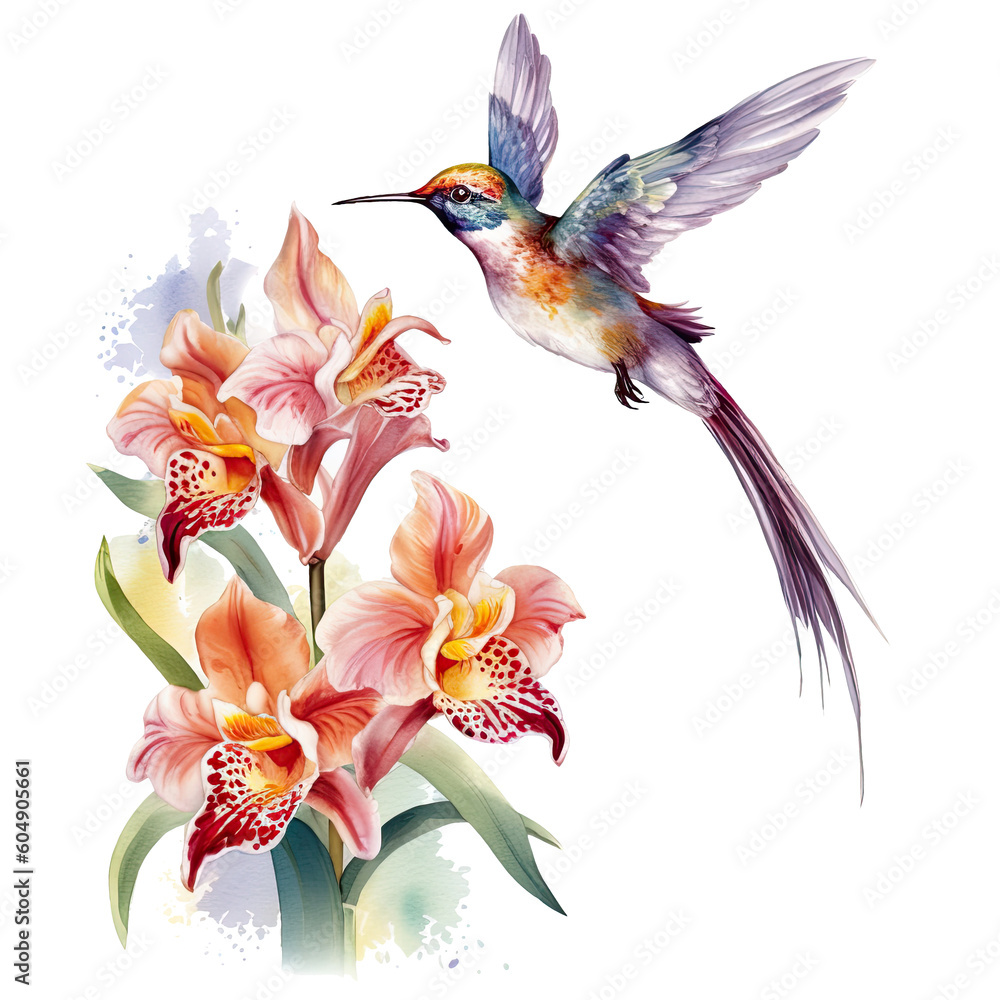 Naklejka premium Watercolor Bird Hummingbird Flying Around the Fuchsia Flowers Summer Garden Illustration Set isolated on transparent background. Ai generative.