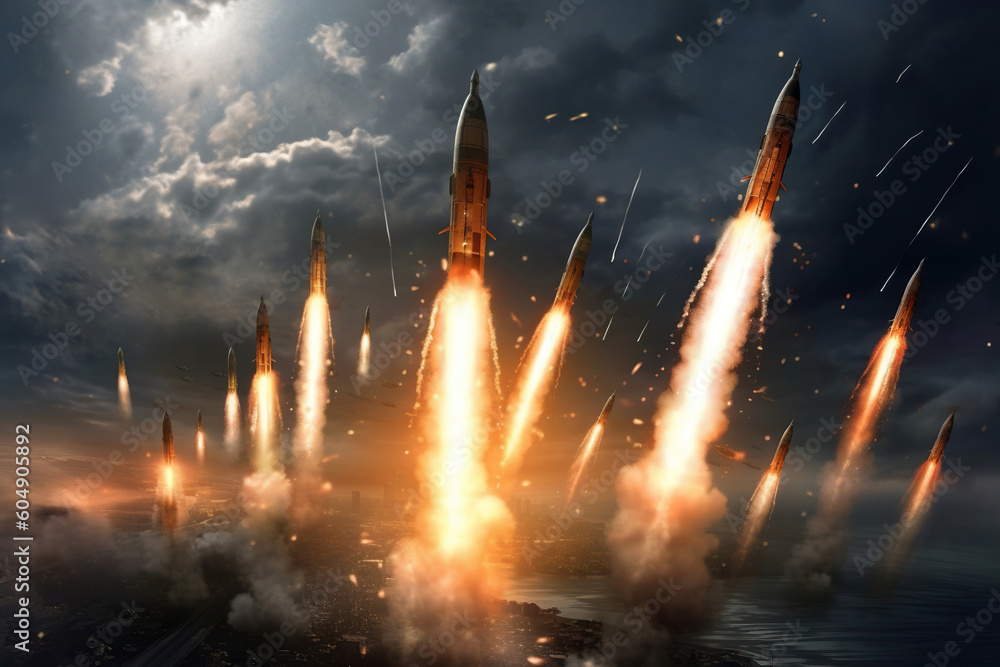 A formation of military intercontinental ballistic missiles soared through the expansive sky, a formidable display of strategic power and technological advancement. Generative AI - obrazy, fototapety, plakaty 