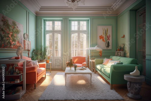 Modern cozy living room  classic interior design with light coral  green and white colors. Super photo realistic background  generative ai illustration