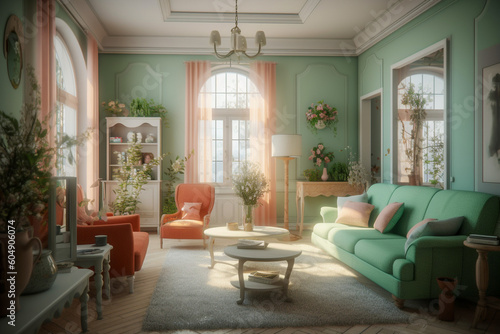 Modern cozy living room  classic interior design with light coral  green and white colors. Super photo realistic background  generative ai illustration