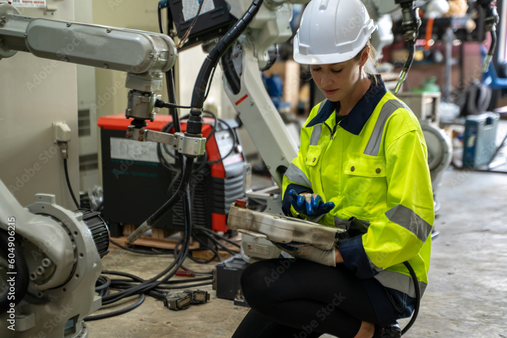 Robot engineer working with robotic arms working on assembly line of appliance manufacturing factory. Robot engineer working with robotic arms working on assembly line of appliance manufacturing factory.