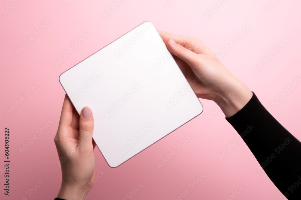 white blank notepad in female hands on a pink background generative ai white blank notepad in female hands on a pink background generative ai
