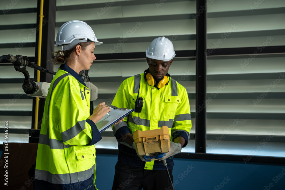 Engineer and mechanic worker checking and maintain industrial robot arm controller inside the factory. Engineer and mechanic worker checking and maintain industrial robot arm controller inside the factory.