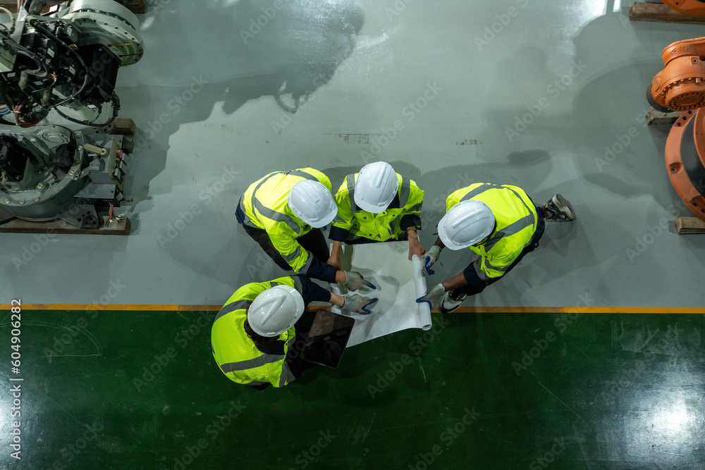Fototapeta premium Employees are working at factory with robotic arms,Inspector equipment,Industrial and technology.