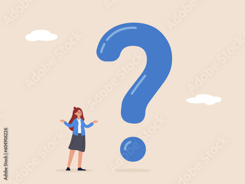 Big question mark concept. Big problem to solve or finding solution, doubt or uncertainty, thinking to make decision, difficult question, businesswoman thinking while looking at big question mark.