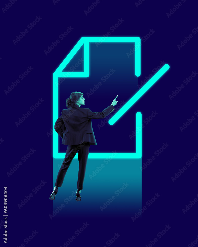 Businesswoman in formalwear standing near giant neon icon of document. Working with official papers and contracts. Creative conceptual design. Concept of business, office, modern technologies, data Businesswoman in formalwear standing near giant neon icon of document. Working with official papers and contracts. Creative conceptual design. Concept of business, office, modern technologies, data