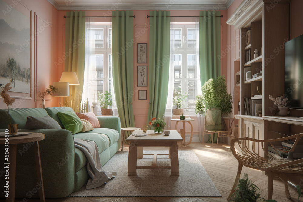 Fototapeta premium Modern cozy living room, classic interior design with light coral, green and white colors. Super photo realistic background, generative ai illustration