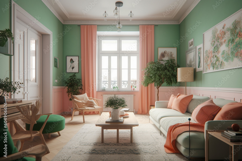 Fototapeta premium Modern cozy living room, classic interior design with light coral, green and white colors. Super photo realistic background, generative ai illustration