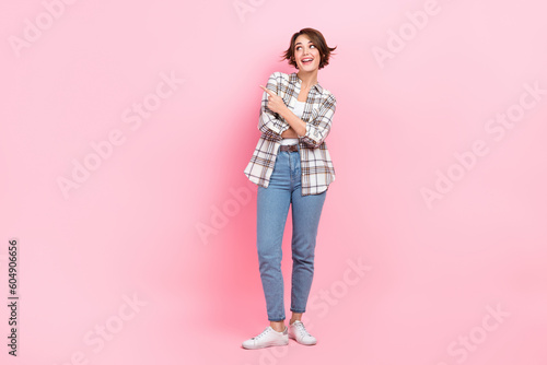 Fototapete Full length photo of confident dreamy lady wear checkered jacket looking showing