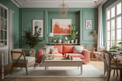 Modern cozy living room  classic interior design with light coral  green and white colors. Super photo realistic background  generative ai illustration