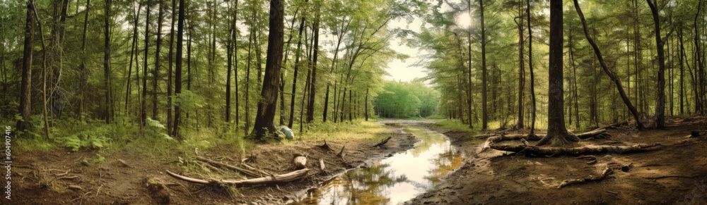 Obraz premium A dirt pathway in the forest near water, lively nature scenes. Generative Ai Illustrations.