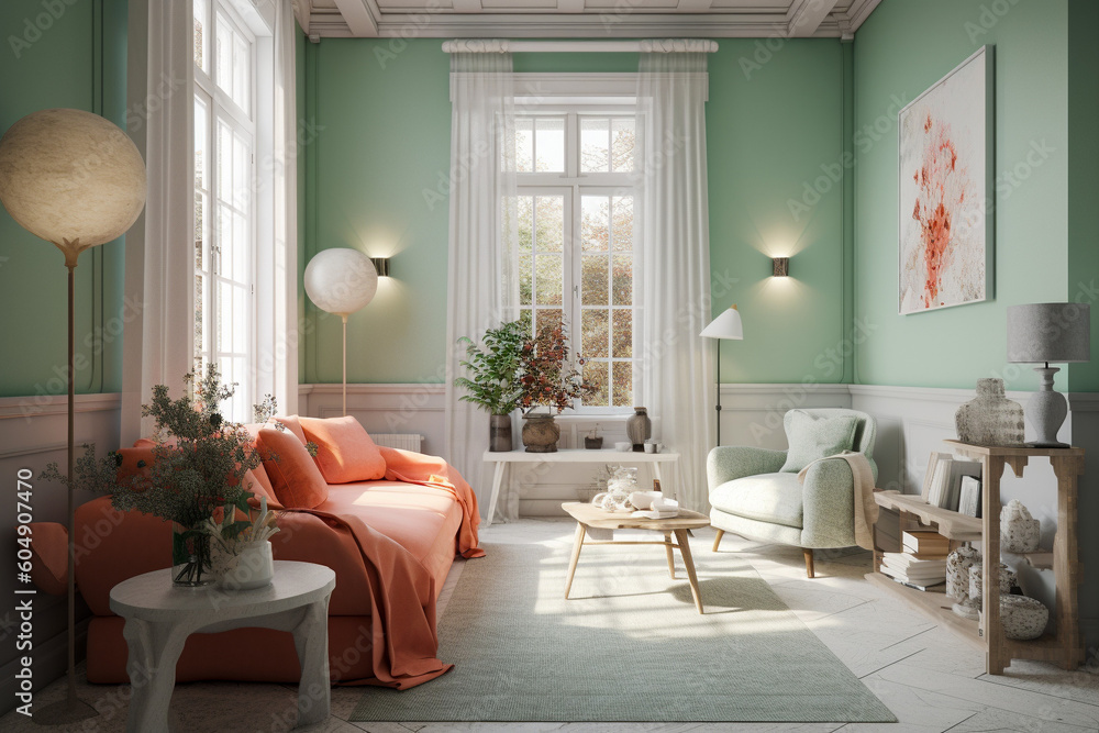 Modern cozy living room, classic interior design with light coral, green and white colors. Super photo realistic background, generative ai illustration