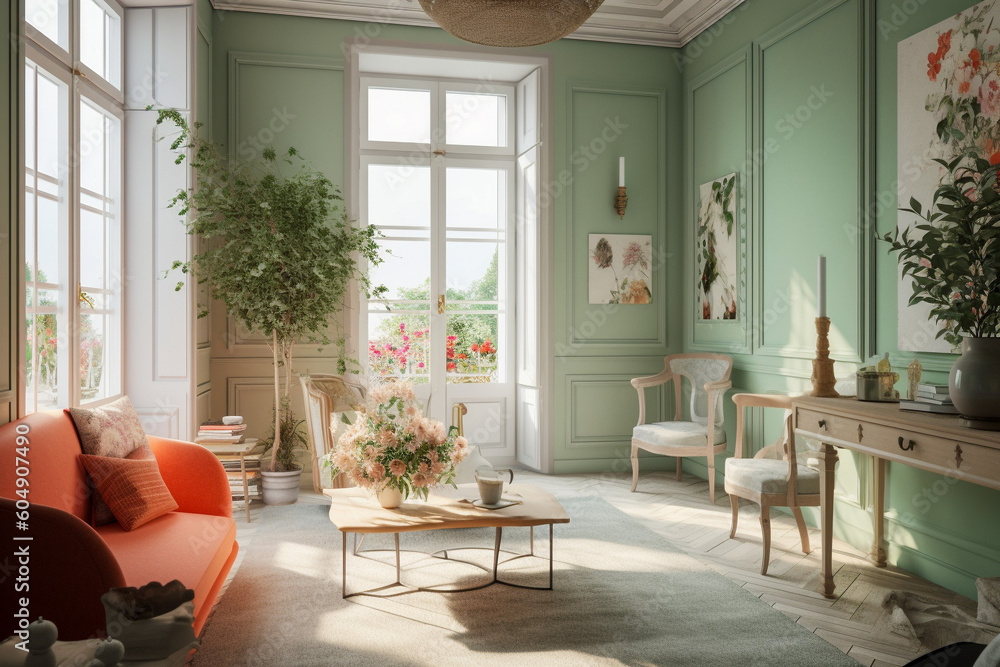 Fototapeta premium Modern cozy living room, classic interior design with light coral, green and white colors. Super photo realistic background, generative ai illustration