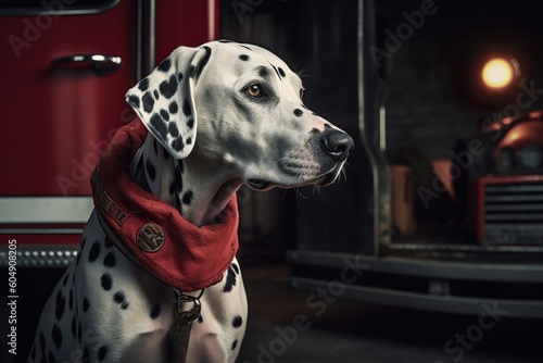 Dalmatian dog near the fire engine. firefighter dog generative ai Fototapet