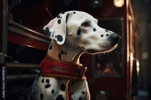Dalmatian dog near the fire engine. firefighter dog generative ai