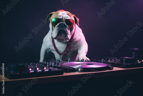 a dog of the English bulldog breed plays music at the DJ console. The concept of club life. generative ai