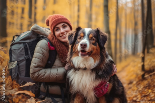 Young beautiful woman with her dog bernese shepherd in a forest