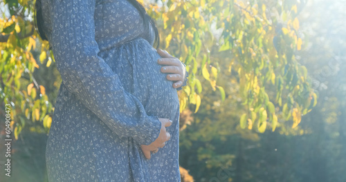 Pregnant woman belly in sun light, close up. Unrecognizable young mother feeling happy on nature background taking care of pregnant belly. Expecting baby, child. Pregnancy, maternity prenatal concept