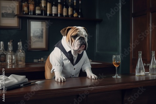 dog english bulldog waiter in the bar behind the bar counter. pub for animals. elegant animals. generative ai