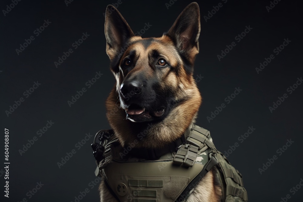 a German shepherd dog in a body armor a military dog. generative