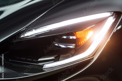 Detail on one of the LED headlights super car, copy space