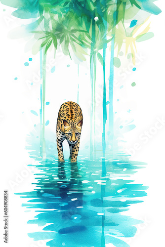 A watercolor painting of a leopard in the water. Generative AI.