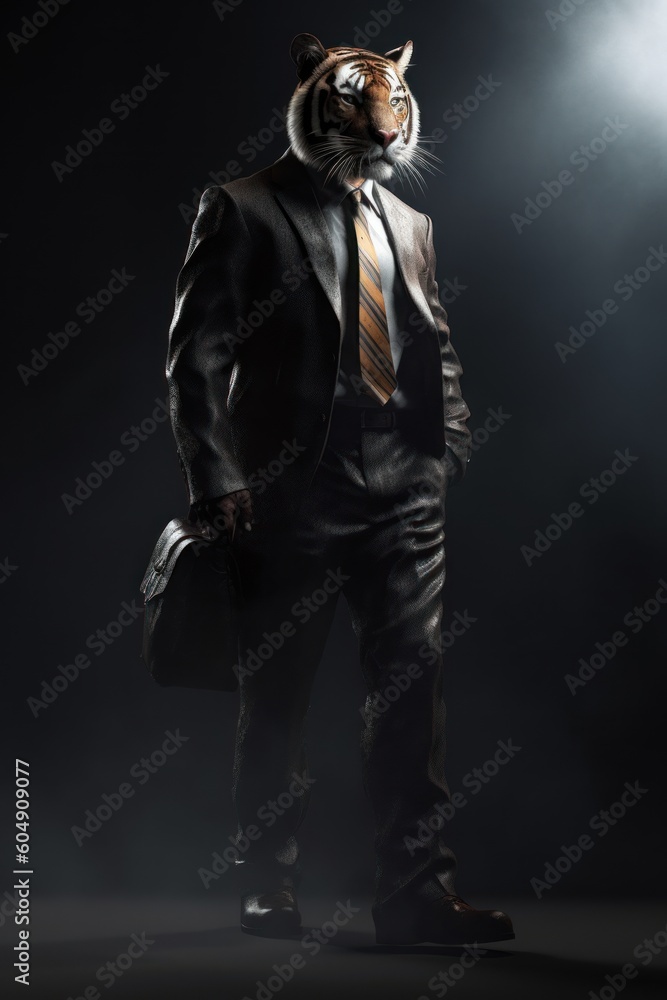 Tiger in a business suit, holding a briefcase, blending nature and professionalism.Generative AI. Tiger in a business suit, holding a briefcase, blending nature and professionalism.Generative AI.