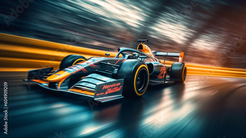 Racing car on a racing car passes the track. Motor sports competitive with blur background, Generative AI