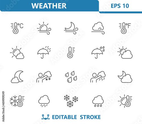 Weather Icons - Sun, Moon, Rain, Raining, Forecast, Snowflake, Snowing, Cloud vector icon set