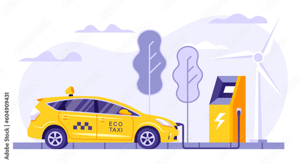 Naklejka premium Taxi service. Online ordering taxi car, rent and sharing using service mobile application. Smartphone with route and points location on a city map on the urban landscape