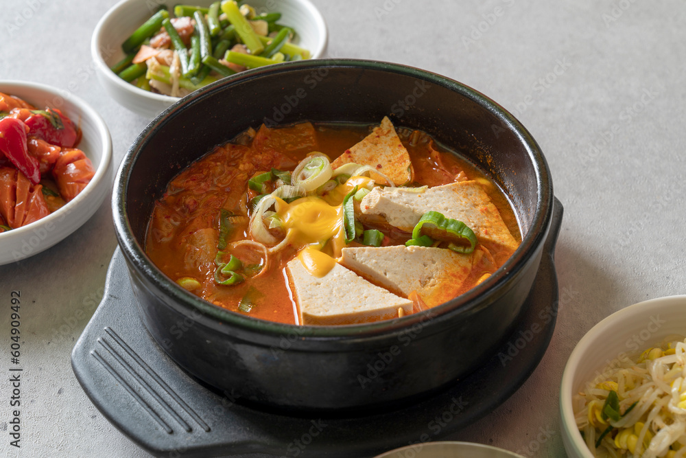 kimchi stew Budae-jjigae, kimchi-jjigae, cheonggukjang, stir-fried pork,Sausage Stew fast-fermented bean paste kimchi stew Budae-jjigae, kimchi-jjigae, cheonggukjang, stir-fried pork,Sausage Stew fast-fermented bean paste
