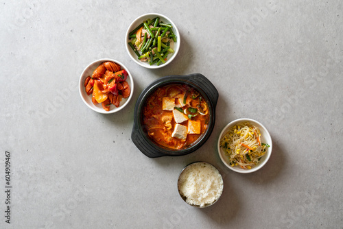 kimchi stew Budae-jjigae, kimchi-jjigae, cheonggukjang, stir-fried pork,Sausage Stew fast-fermented bean paste