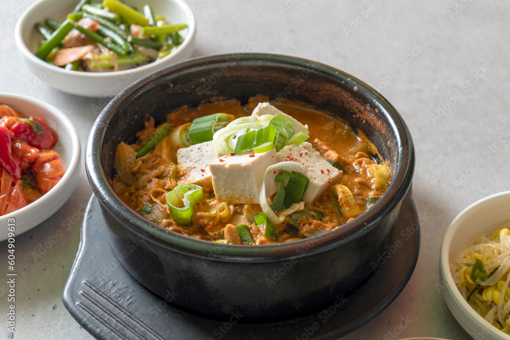 kimchi stew Budae-jjigae, kimchi-jjigae, cheonggukjang, stir-fried pork,Sausage Stew fast-fermented bean paste kimchi stew Budae-jjigae, kimchi-jjigae, cheonggukjang, stir-fried pork,Sausage Stew fast-fermented bean paste