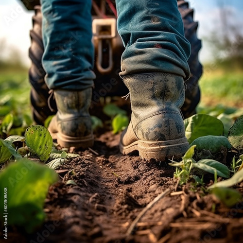 close-up of a farmer's feet in rubber boots walking in field green plants with agricultural vehicle background, generative ai