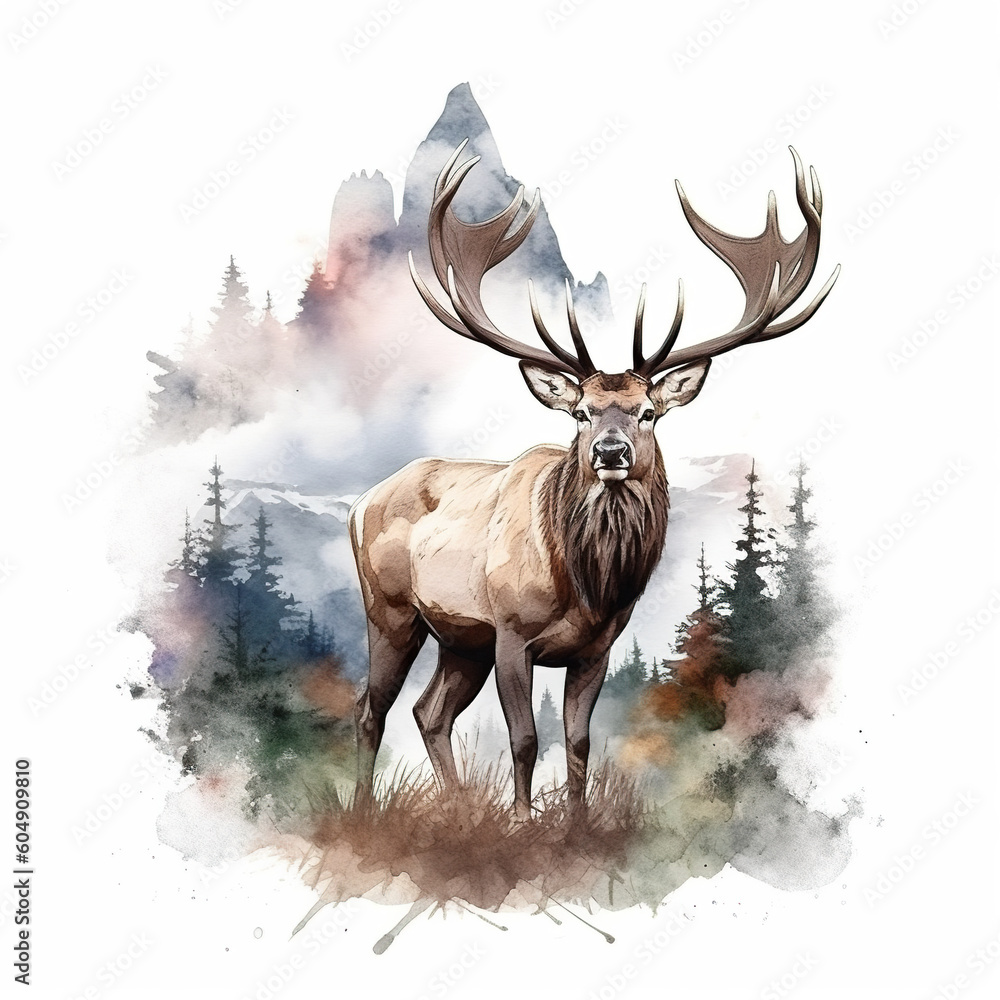 A watercolor painting of a deer standing in front of a mountain. Generative AI. A watercolor painting of a deer standing in front of a mountain. Generative AI.