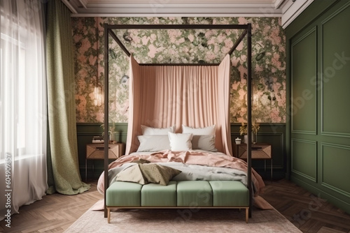 Modern cozy bedroom, classic interior design with pastel colors. Super photo realistic background, generative ai illustration © Anna