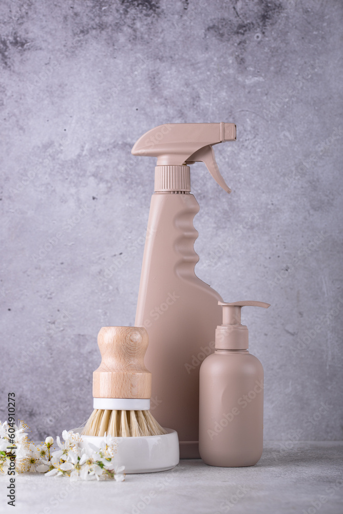 Eco cleaning with bottles, brushes and sponges Eco cleaning with bottles, brushes and sponges