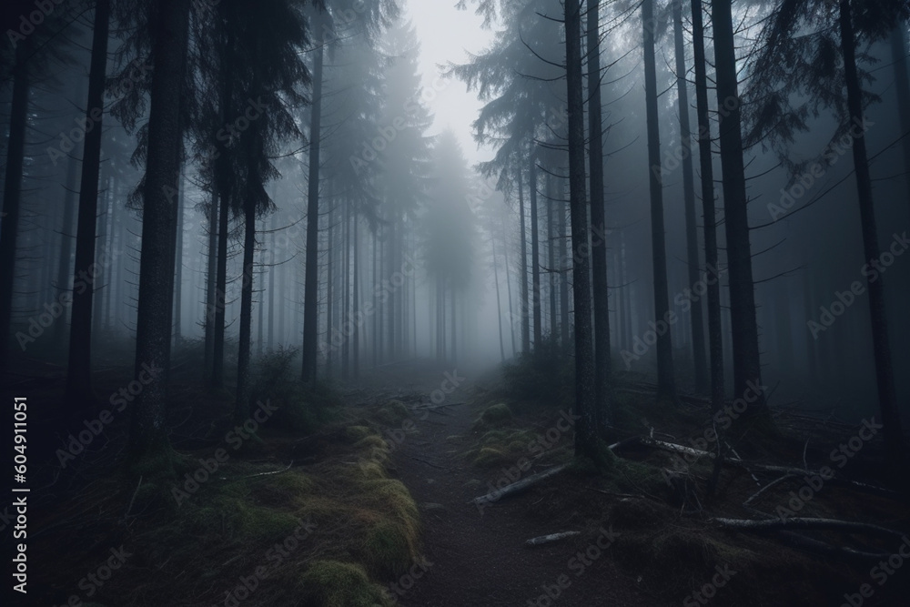 Dark foggy pine scary forest