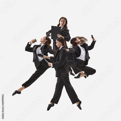 Collage image with group of beautiful women, ballerinas in classical suit working on white background. Concept of business, career, job, success. Office ballet