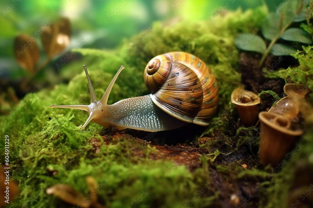 Macro shot of a snail crawling on green moss in a forest, a slow-paced moment in nature captured with Generative AI Macro shot of a snail crawling on green moss in a forest, a slow-paced moment in nature captured with Generative AI